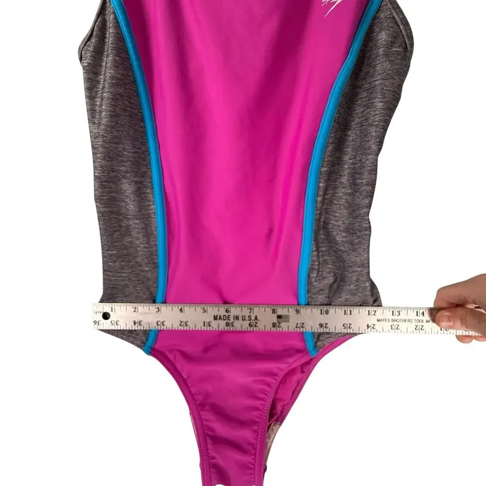 SPEEDO Girls SIZE 14 Fuchsia Pink Gray 1Piece Racerback Sporty Swimsuit Silicone